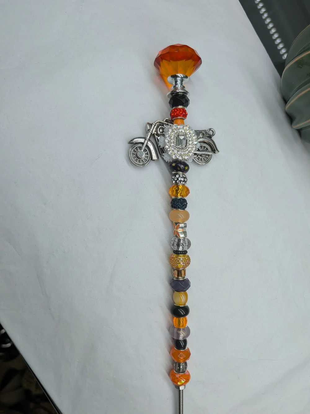 HandMade Fairy Wand/Plant/Garden Stake W/Orange Glass Knob Topper & Motorcycle🏍